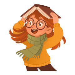 Happy cute girl with glasses wearing scarf and sweater playing with book on her head funny child with red hair smiling autumn season student kid reading education back to school illustration isolated