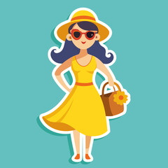 Cartoon Woman in Yellow Dress Hat and Sunglasses Holding a Bag on Blue Background