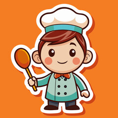 Cartoon Chef Character Illustration Smiling Boy Holding a Spoon Against an Orange Background cartoon
