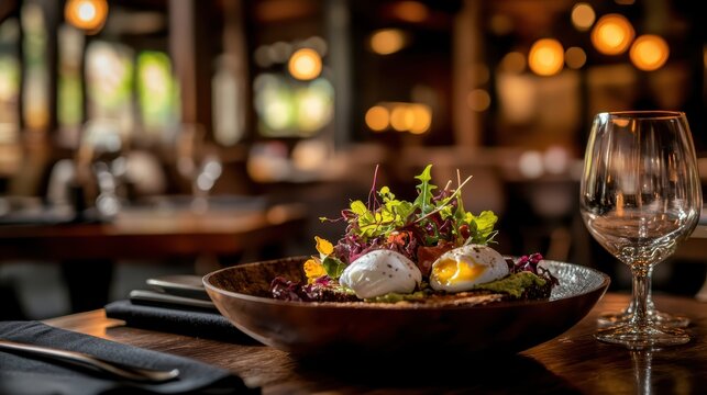Gourmet Breakfast Platter with Eggs and Fresh Greens in Restaurant