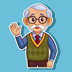Cartoon Illustration of a Smiling Senior Man Waving Hello on a Blue Background friendly