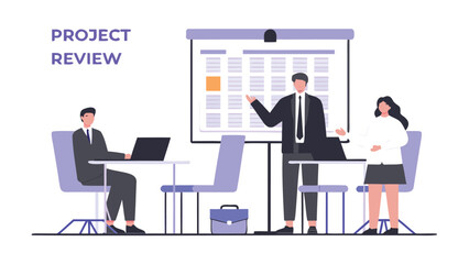 Obraz premium Project review meeting with presentation board and team members in office setting for discussion