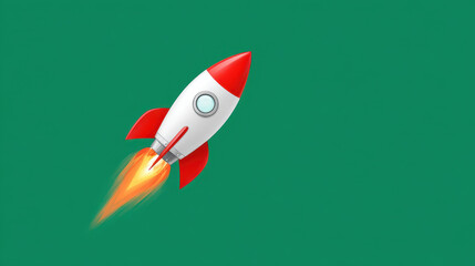 Powerful white rocket flying upward with fire trail. This cartoon shuttle launch symbolizes speed, power, exploration, and excitement of new beginning