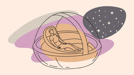 A serene illustration of a person seated in a futuristic pod, surrounded by a cosmic background filled with stars.
