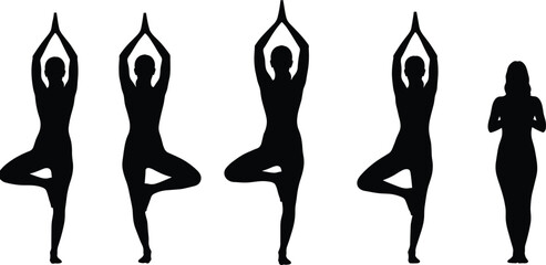 Cad drawing flat vector illustration, yoga pose silhouettes, female meditation positions, black silhouette collection, standing tree pose, spiritual calm woman vector art