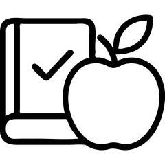 A book and an apple are on a white background. The apple is surrounded by a check mark