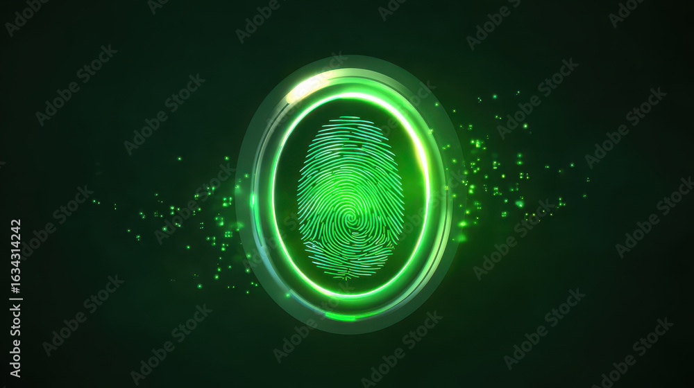 Poster futuristic green glowing fingerprint scanner providing secure biometric access. high tech identifica