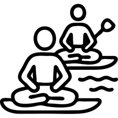 Two people are sitting on surfboards in the water. One of them is holding a paddle. The scene is peaceful and relaxing, with the two people enjoying a leisurely paddle in the water