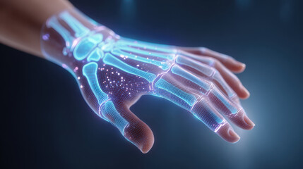 Futuristic medical scan of human hand and arm bone with motion tracking HUD. Glowing blue anatomy conveys technological wonder in advanced biotechnology and healthcare