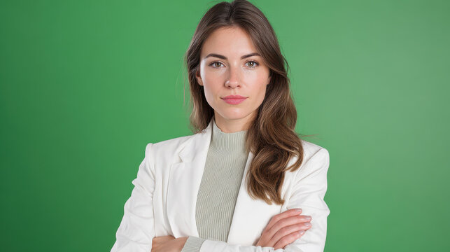 Confident young caucasian businesswoman in white blazer stands with arms crossed. Serious female manager looking at camera against green screen background. Professional portrait - Powered by Adobe