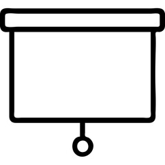 A black and white drawing of a projector screen. The projector screen is hanging from a cord. The image is simple and clean, with no additional details or colors