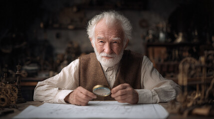 Wise senior man with magnifying glass examines blueprints, vintage workshop backdrop. Evokes ingenuity, wisdom, legacy. Ideal for finance, education, retirement themes.