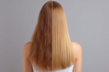 Fototapeta premium Hair before and after treatment on soft backdrop. Elegant design for haircare or wellness themes, great for smooth or revitalized ideas. Perfect for beauty or refreshed visuals.