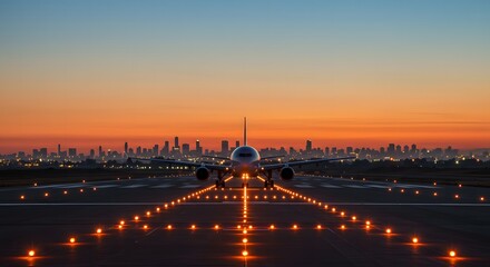 Commercial airplane approaching runway at dusk with city skyline illuminated in the background