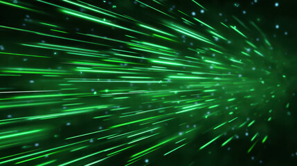 Abstract green light streaks flying at high speed through dark tunnel. This futuristic background concept represents energetic motion, technology, and data transfer