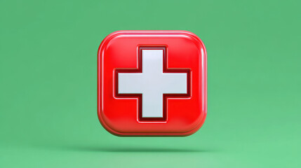 Fototapeta premium Shiny red cross icon symbol for medical health and first aid floating on green background. This emergency help sign represents safety, care and hospital support