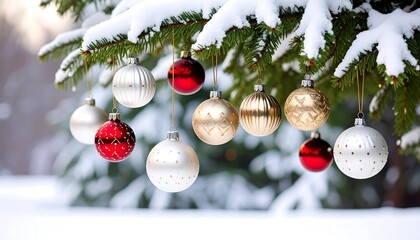 Winter wonderland: Snow-covered pine boughs adorned with colorful christmas ornaments creating