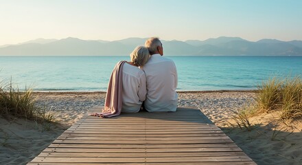 Elderly couple embracing, watching serene ocean sunset from beach boardwalk.