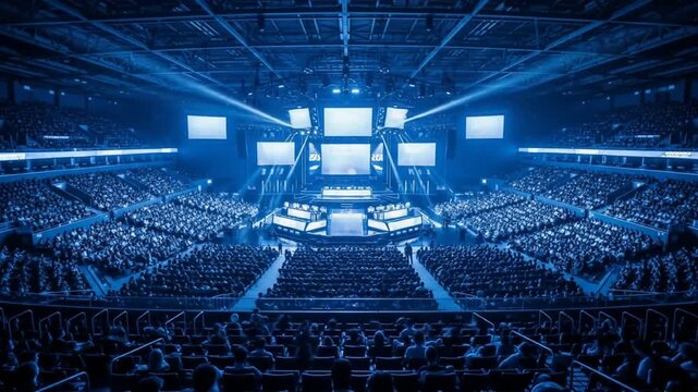 A large crowd fills an indoor arena, watching a stage with multiple screens illuminated in blue light.