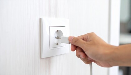 Close-up of a hand inserting an electrical plug into a wall outlet. Concept of energy consumption and power connection.