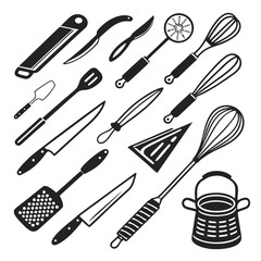 Fototapeta premium Silhouette bundle of kitchen utensils including spoons, spatulas, knives, whisks, and cooking tools for Cricut and Silhouette cutting machines, perfect for kitchen decor projects