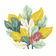 Naklejka premium A vibrant and colorful illustration showcases a collection of stylized leaves in various shades of green, yellow, and red, creating a lively botanical design.