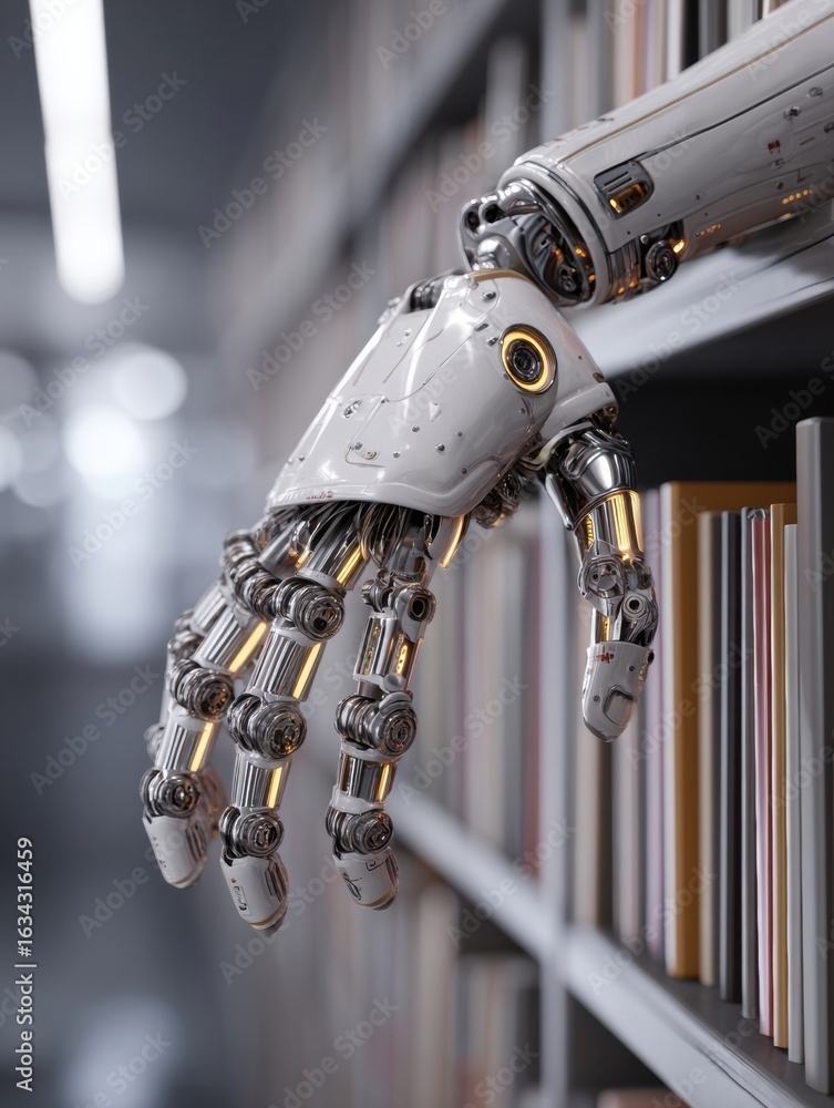 Aufkleber robotic hand reaching for books on library shelf in futuristic setting