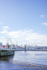 Scenic harbor view at the VA Waterfront in Cape Town, South Africa, featuring a modern pedestrian swing bridge, docked ships, and bright blue skies. The calm water reflects the maritime atmosphere