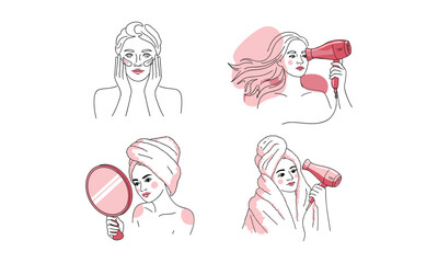 ector Hand-Drawn Skincare and Beauty Routine Illustration Set - A Collection of Woman Self-Care Activities like Facials, Hair Drying, and Mirror Reflections