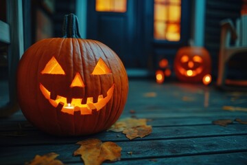 Fototapeta premium Glowing jack-o'-lanterns on porch