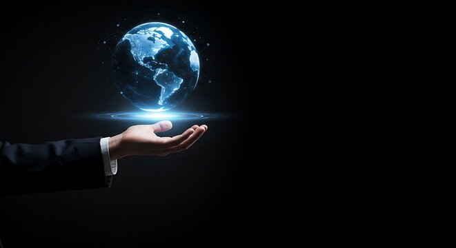 A hand in a suit holds a holographic projection of Earth. - Powered by Adobe