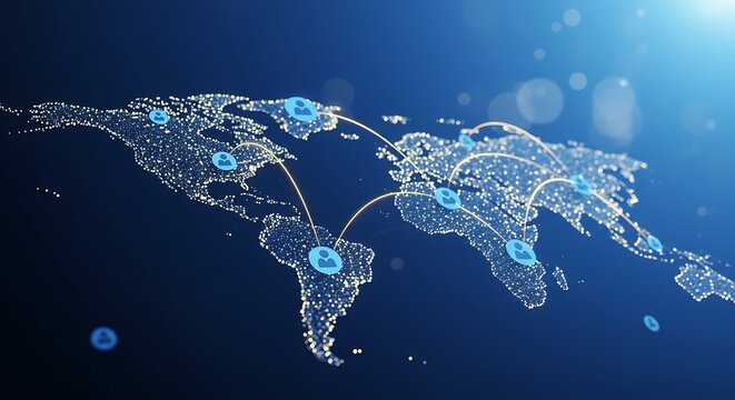 A glowing digital world map with network connections linking user icons across continents.