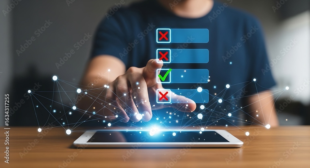 Poster man's hand selecting correct option on digital checklist interface, signifying decision making and t