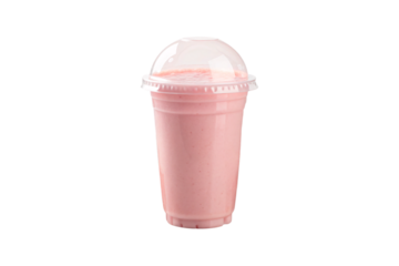 Strawberry smoothie in pink cup with clear dome lid, creamy pink beverage drink, isolated on a transparent background