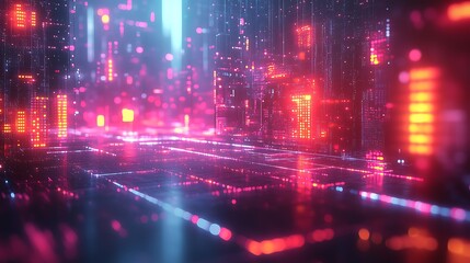 Fototapeta premium Futuristic Abstract Urban Landscape with Neon Lights in Pink, Red and Blue Tones