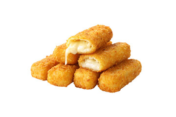 Golden breaded mozzarella sticks piled high with melted cheese oozing from crispy coating, isolated on a transparent background