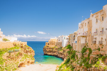 View of Polignano a Mare beach in Italy. Top tourist destinations in Italy. Trip to Europe.