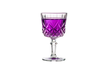 Elegant crystal wine glass with deep purple liquid, featuring cut diamond pattern and long stem base, isolated on a transparent background