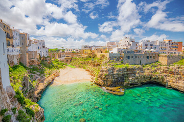 View of Polignano a Mare beach in Italy. Top tourist destinations in Italy. Trip to Europe.
