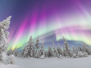 Snowy forest landscape under a vibrant aurora borealis display in the night sky scene