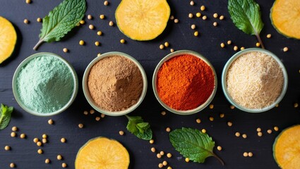 Four bowls of colorful spices and herbs arranged on a dark surface with fresh mint leaves and yellow slices isolated on white background isolated on transparent background