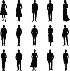 Classic man and woman silhouettes in vintage fashion, standing and posing, formal outfit, black vector figures, retro dress illustration