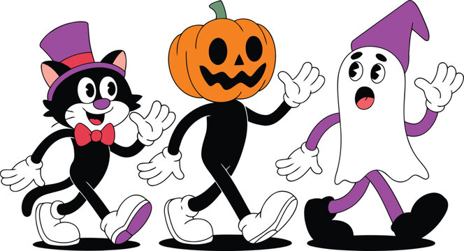 Spooky Halloween Cartoon Characters Vector Illustration - A Playful Black Cat, Jack-O'-Lantern, and Ghost in a Retro 1930s Style for Festive Holiday Designs