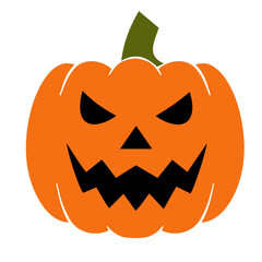An orange halloween pumpkin with a green stem and a scary face with black eyes and mouth design