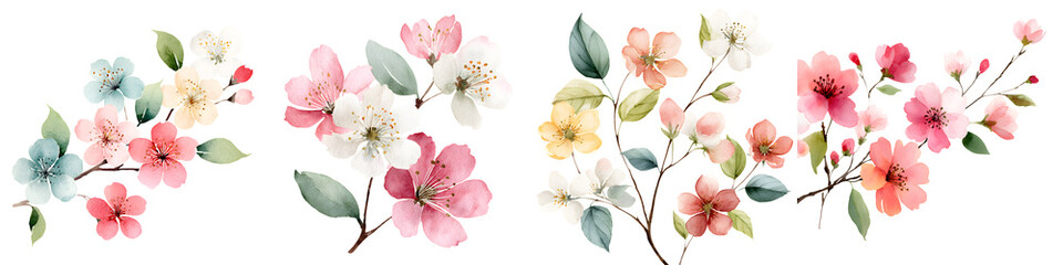 Fototapeta premium Elegant Watercolor Floral Set: Assorted Delicate Blossoms, Pastel Colors, Branch Accents, Artistic Style, on White Background, Decorative Design