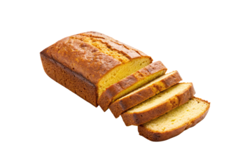 Homemade pound cake loaf sliced to show dense yellow interior crumb, isolated on a transparent background