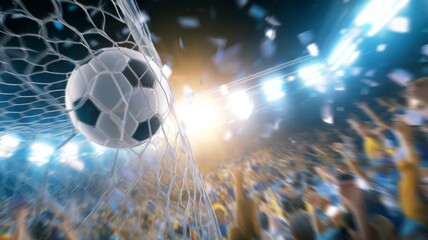 Soccer ball scoring goal with crowd in stadium. Neural network AI generated