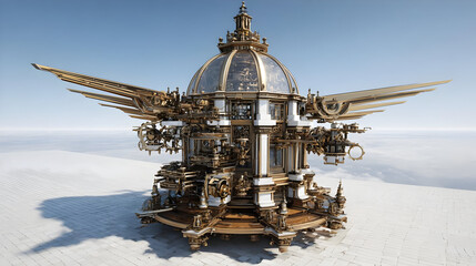 in the clouds, with mechanical wings and rotating planets as gears