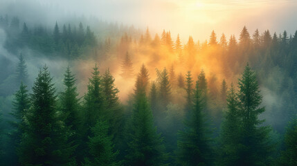 Mist-shrouded evergreens with sunlight create a captivating landscape, evoking tranquility and wonder.