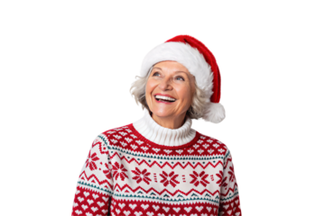 Joyful elderly woman wearing Santa hat and red Christmas sweater with Nordic patterns, isolated on a transparent background